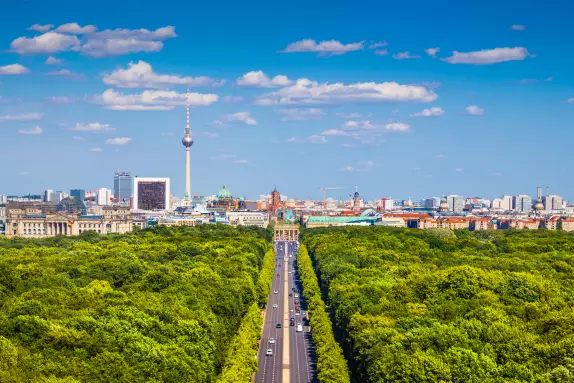 Berlin Skyline with view to the Tiergarten and the Brandenburg Gate and TV Tower