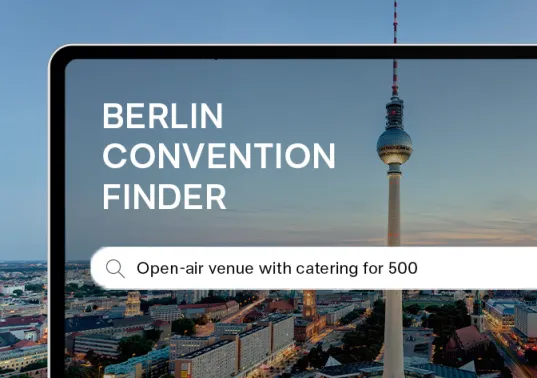 Berlin TV Tower framed within a tablet featuring the text “Berlin Convention Finder” in white lettering