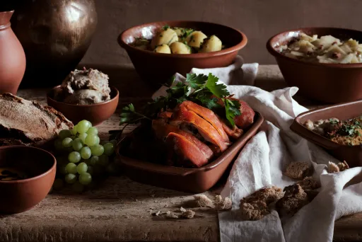 Rustikales Essen mit gebratenem Fleisch, Brot, Kartoffeln, Trauben und Gemüse in Tonschalen.