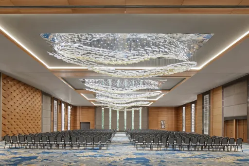 Großer, moderner Konferenzsaal mit Reihen schwarzer Stühle und dekorativen Deckenleuchten.