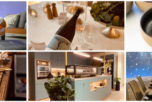 Collage aus modernem Wohnzimmer, gedecktem Tisch, Gourmet-Essen, Buffet, Küche und Esszimmer.