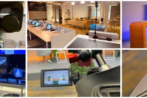 Mehrere Ansichten eines modernen Fernsehstudios mit Kameras, Pulten und Technik.