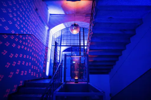 Blau-violett beleuchtetes Treppenhaus mit Discokugel und bunten Lichtmustern an der Wand.