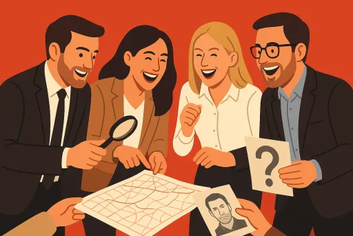 Vier lachende Personen untersuchen eine Karte und Fotos, rote Hintergrundfarbe.