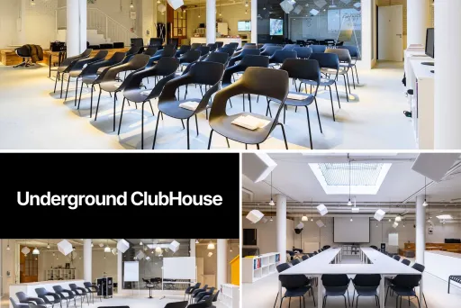 Fotocollage bestehend aus drei Bildern, die den Raum in verschiedenen Bestuhlungsmöglichkeiten zeigt. Dazu mit schwarzem Hintergrund der Name der Eventlocation.