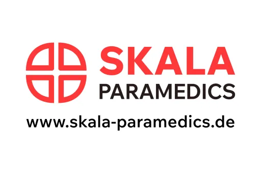Logo von SKALA Paramedics mit rotem Symbol und Webadresse