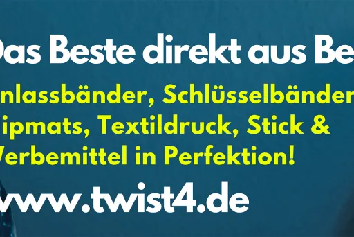 Werbebanner mit Frau, Text zu Werbemitteln und Website www.twist4.de auf blauem Hintergrund.