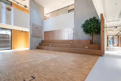 Helles, modernes Atrium mit Holzstufen und großem grünen Baum.