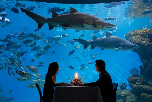 KI-generierter Ansichtsentwurf eines Dinners für zwei Personen vor einem großen Aquarium mit Haien, zahlreichen Fischen und einer farbenfrohen Unterwasserlandschaft.