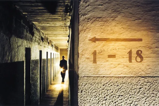 Dunkler Gang mit vielen Türen, eine silhouettierte Person mit Lichtquelle im Hintergrund.