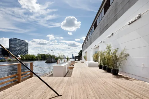 Holzterrasse am Wasser mit Pflanzen, sonnig und moderne Gebäude im Hintergrund.