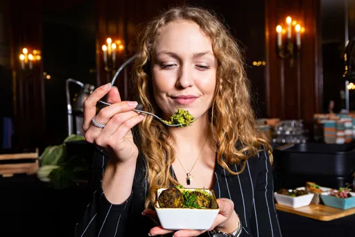 woman with aveato food