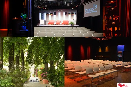 Collage aus Konferenzsaal, leerem Theater und grünem Innenhof im Sommer.