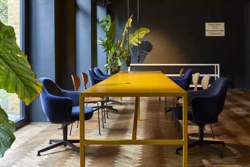 Moderner Besprechungsraum mit gelbem Tisch, blauen Stühlen und großen Zimmerpflanzen.