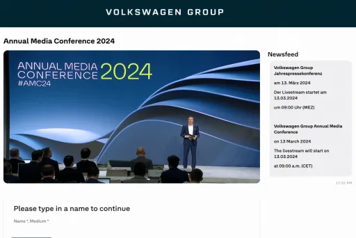 Ein Screenshot der Microsite und des Livestreams für die Jahrespressekonferenz des Volkswagen Group. 