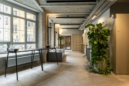 Heller Büroflur mit Pflanzen, Sitzgelegenheiten und großen Fenstern.