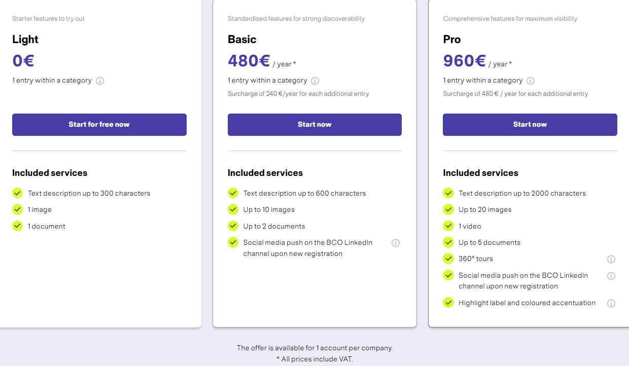 Ansicht des Berlin Convention Finder Abo-Modells mit Preisen
