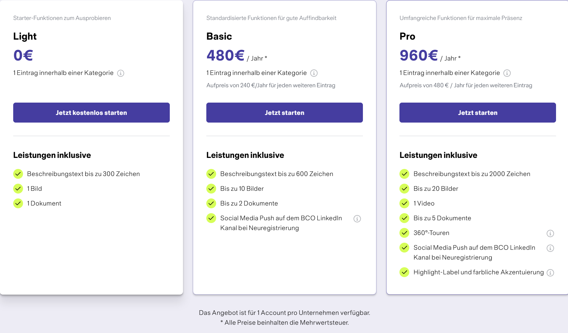 Ansicht des Berlin Convention Finder Abo-Modells mit Preisen
