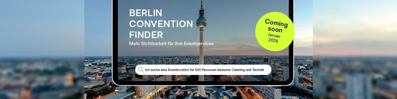 Ein über den Berliner Fernsehturm gelegtes iPad, auf dem steht: Berlin Convention Finder und eine Suchleiste