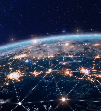 Global digital networking: Bright cities and global data connections on Earth as seen from space.