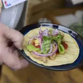 Eine Person hält einen kleinen Teller mit einem frisch zubereiteten Taco. Der Taco ist belegt mit roten Zwiebeln, Koriander, Salsa, Mais, grünem Gemüse und pflanzlichem Fleisch. Im Hintergrund ist ein Holzstand zu erkennen.