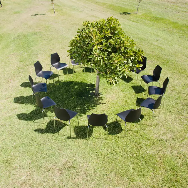 Sustainable Meetings Berlin, Deutschland, Stuhlkreis ohne Besucher auf einer grünen Wiese um einen Baum herum