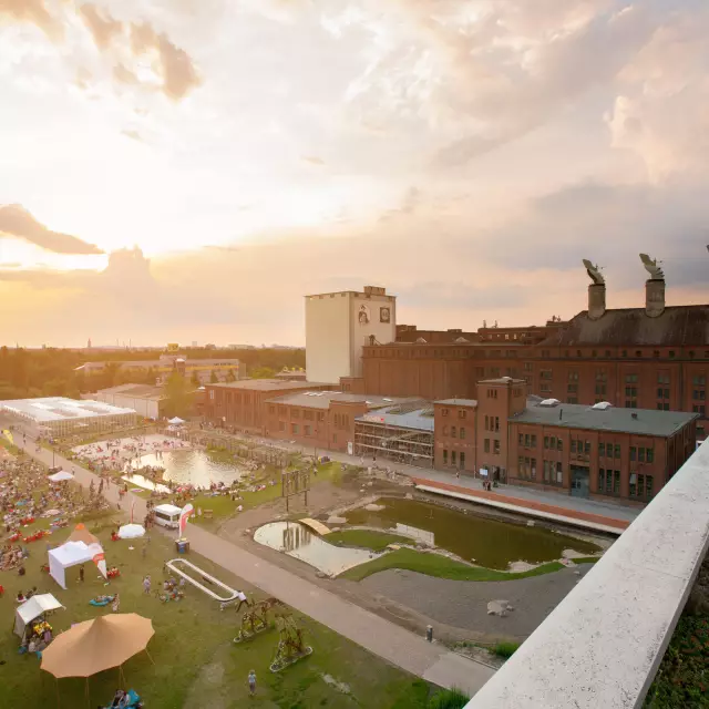 Green meadow of the event location Malzfabrik in Berlin Schöneberg at sunset.