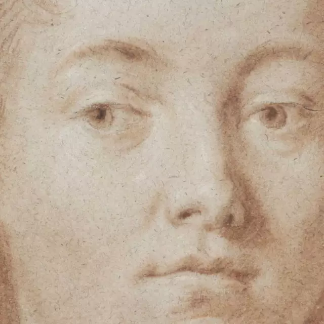 Rosalba Carriera, Selbstbildnis der Künstlerin, Detail, 1707/1708, Rötel auf beigefarbenem Papier