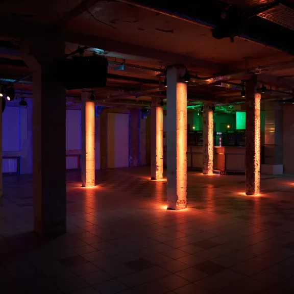 Dark room with illuminated columns in orange, modern club look