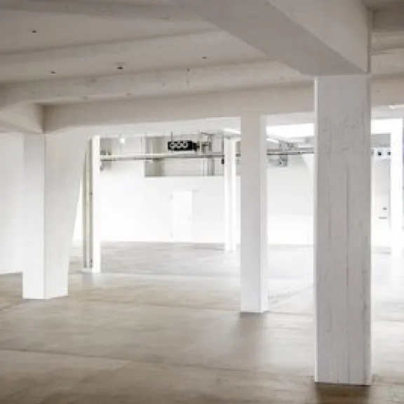 Leerer heller Raum mit weißen Säulen und Betonboden
