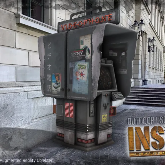 Augmented Reality Telefonzelle steht vor einem Haus 