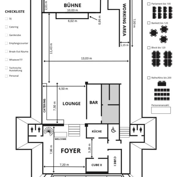 Grundriss eines Veranstaltungsraums mit Bühne, Bar, Lounge, Foyer und Outdoorbereich.