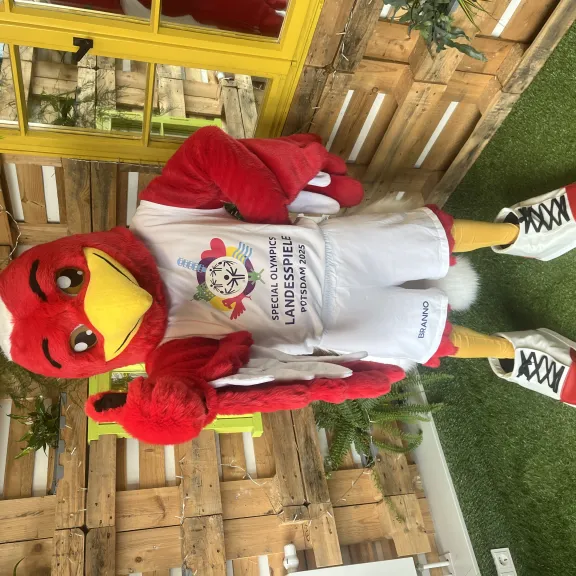 Maskottchen in Vogelkostüm mit weißem T-Shirt und Shorts auf Kunstrasen vor Holzwand.