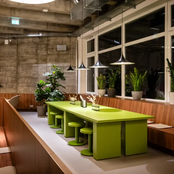 Modernes Café mit grünen Tischen, Holzbank, vielen Pflanzen und großen Fenstern.