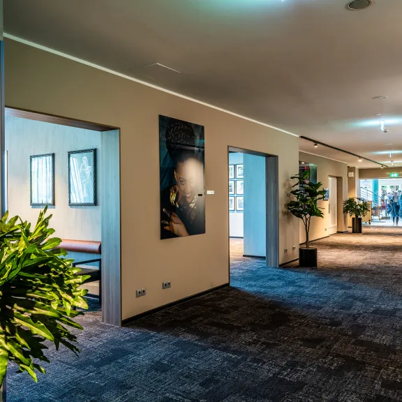 Heller Hotelflur mit Teppichboden, Pflanzen und mehreren geöffneten Zimmertüren.