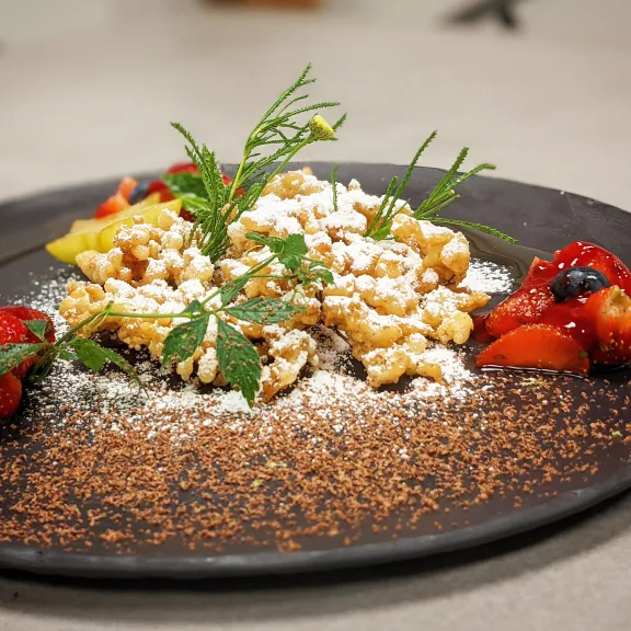 Frittierte Holunderblüten mit Puderzucker, Erdbeeren und Minze auf schwarzem Teller.