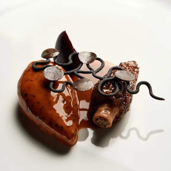 Fein angerichtetes Gourmetgericht mit dunkler Soße und dekorativen Garnituren auf weißem Teller.