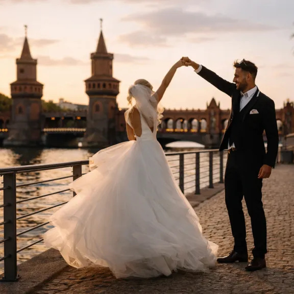 Brautpaar tanzt am Flussufer bei Sonnenuntergang, Brücke im Hintergrund.