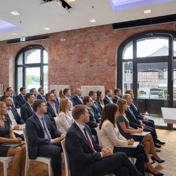 Männer und Frauen im Anzug sitzen aufmerksam in einem modernen Konferenzraum.