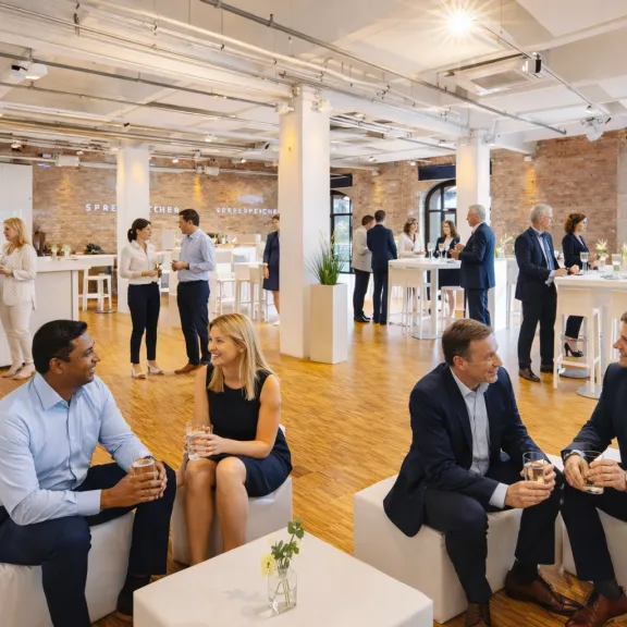Menschen in Businesskleidung unterhalten sich in modernem, hellem Veranstaltungsraum.