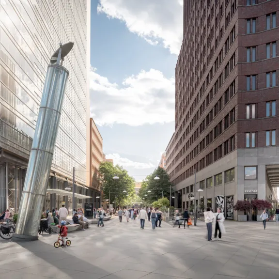 Belebter Platz mit modernen Gebäuden, Cafétischen und Menschen bei Sonnenschein