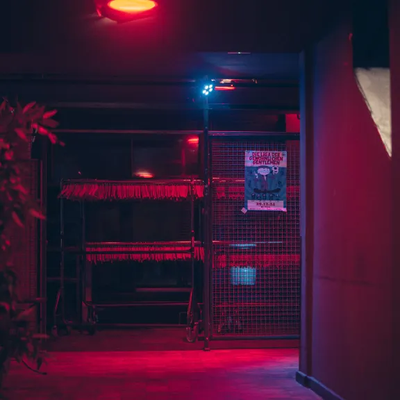 Dunkler Flur mit rotem Licht, Pflanzen links, Gitter und Poster an der Wand.