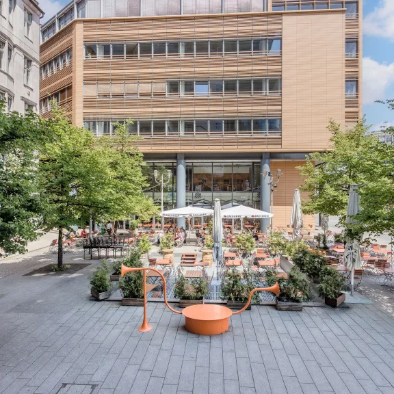 Café-Terrasse mit Tischen und Stühlen unter Sonnenschirmen, umgeben von Bäumen.