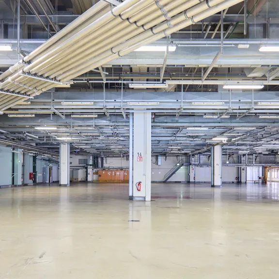 Leere Industriehalle mit weißen Säulen und sichtbaren Rohrleitungen an der Decke.