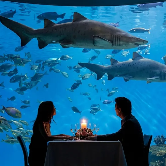 KI-generierter Ansichtsentwurf eines Dinners für zwei Personen vor einem großen Aquarium mit Haien, zahlreichen Fischen und einer farbenfrohen Unterwasserlandschaft.