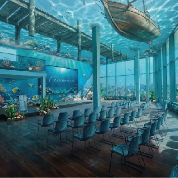 Unterwasser-Konferenzraum von OCEAN BERLIN mit Reihen bestuhlter Plätze, großen Panoramafenstern und farbenfrohen Korallenriffen und Fischen im Hintergrund (mit KI erstellter Ansichtsentwurf).