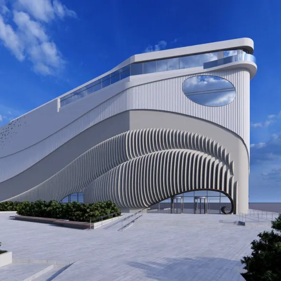 Architektur-Rendering der geschwungenen weißen Außenfassade von OCEAN BERLIN an der Rummelsburger Bucht, mit wellenförmigen Lamellen, großzügiger Terrasse und blauem Himmel.