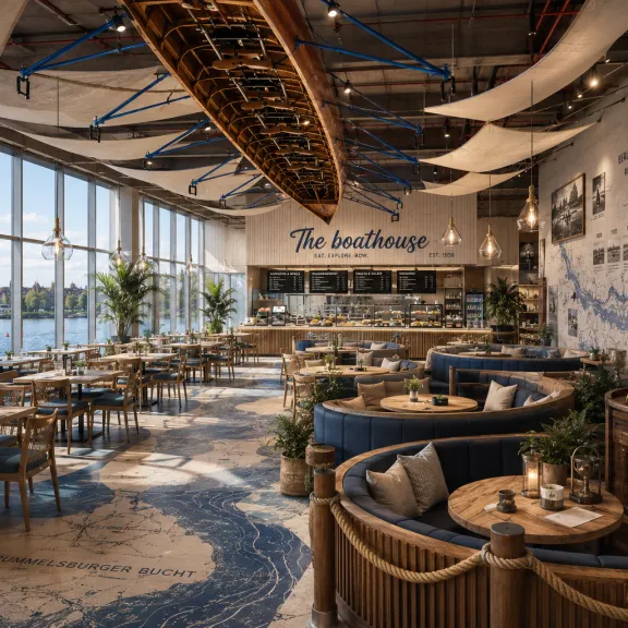 Mit KI erstellter Entwurf eines Restaurants als Bootshaus thematisiert.