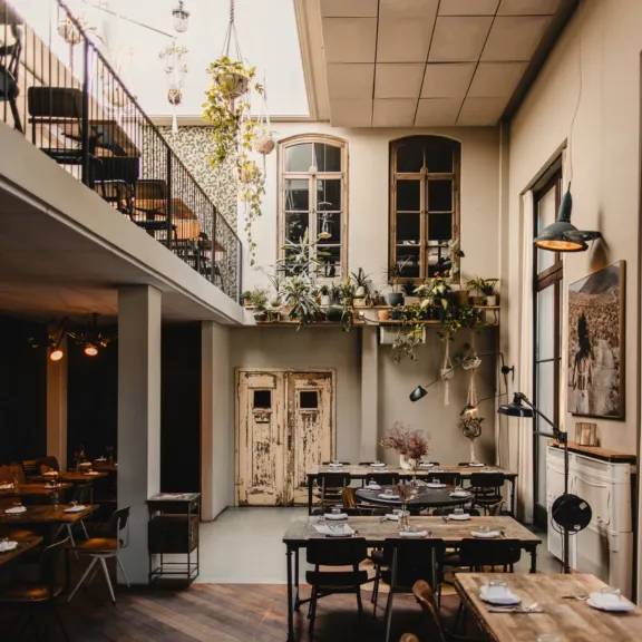Helles Restaurant mit hohen Decken, Pflanzen und Holztischen.