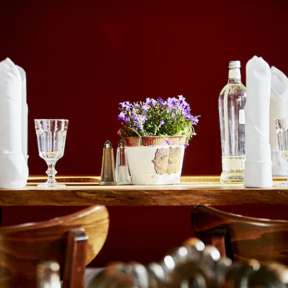Holztisch mit Gläsern, Wasserflasche, Servietten und einem Blumentopf, roter Hintergrund.